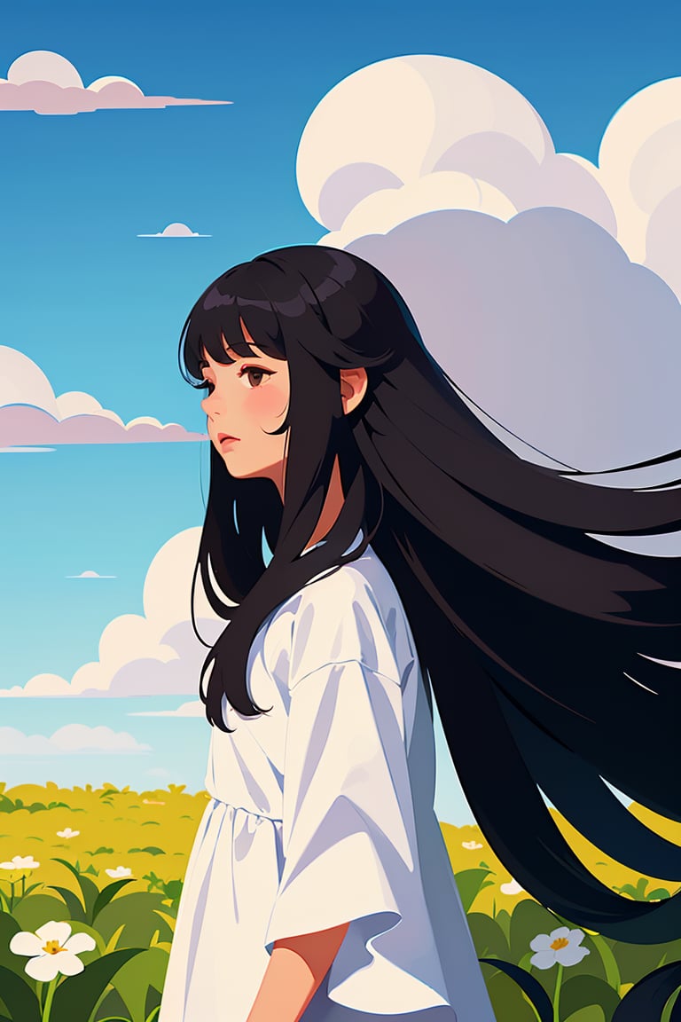 shadow flat vector art,masterpiece,best quality,1girl,couple, plant, long hair, dress, wide shot, white dress, cloud, flower, black hair, leaf, profile, sky, outdoors,  flower, bird