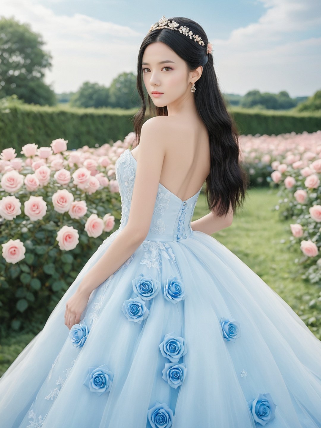  masterpiece,1 girl,22 years old,Look at me,Exquisite makeup,Black hair,Long hair,Pink wedding dress,Outdoor,Light blue sky,Clouds,Garden,Stand,In the middle of the picture,Whole body,Plenty of roses,textured skin,super detail,best quality,,