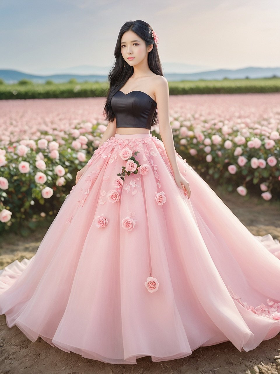  masterpiece,1 girl,cute,sweet,Look at me,Long hair,Black hair,grace,Wedding dress,Whole body,Skirt,A dream scene,Cherry tree,Japan,Flower field,Petal,Pink wedding dress,Roses on the skirt,Rose skirt,textured skin,super detail,best quality,Close-up,,