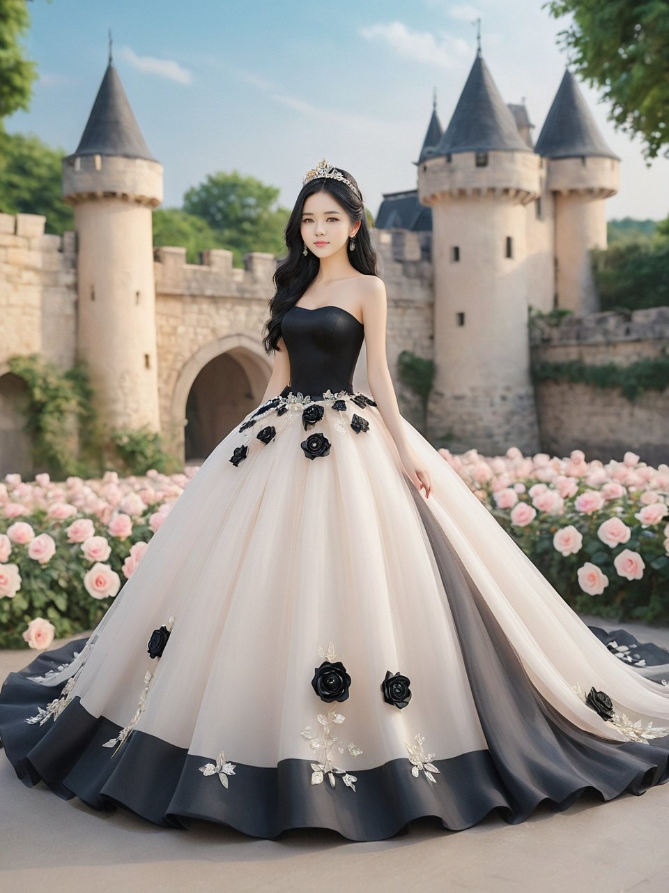 masterpiece, 1 girl, cute, sweet, Look at me, Long hair, Black hair, grace, Whole body, Skirt, A dream scene, Castle, Petal, Black wedding dress, Roses on the skirt, Rose skirt, Outdoor, Diamond Crown, Close-up, textured skin, super detail, best quality