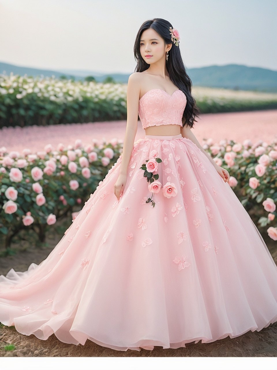  masterpiece,1 girl,cute,sweet,Look at me,Long hair,Black hair,grace,Wedding dress,Whole body,Skirt,A dream scene,Cherry tree,Japan,Flower field,Petal,Pink wedding dress,Roses on the skirt,Rose skirt,textured skin,super detail,best quality,Close-up,,