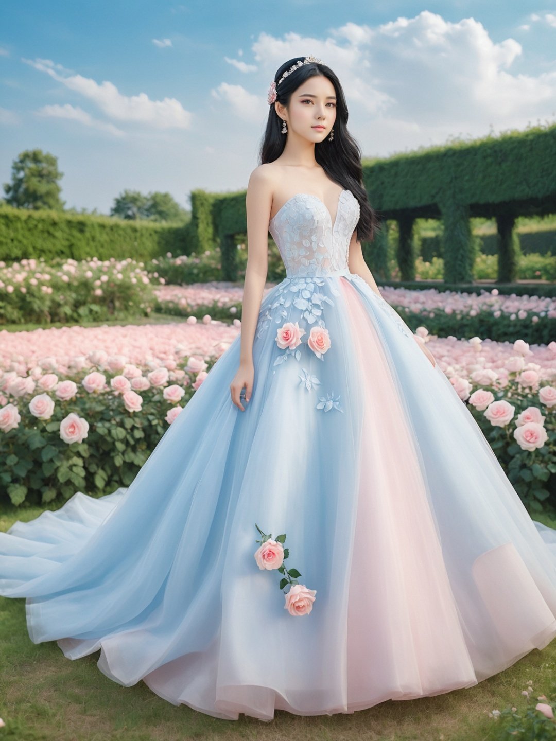  masterpiece,1 girl,22 years old,Look at me,Exquisite makeup,Black hair,Long hair,Pink wedding dress,Outdoor,Light blue sky,Clouds,Garden,Stand,In the middle of the picture,Whole body,Plenty of roses,textured skin,super detail,best quality,,