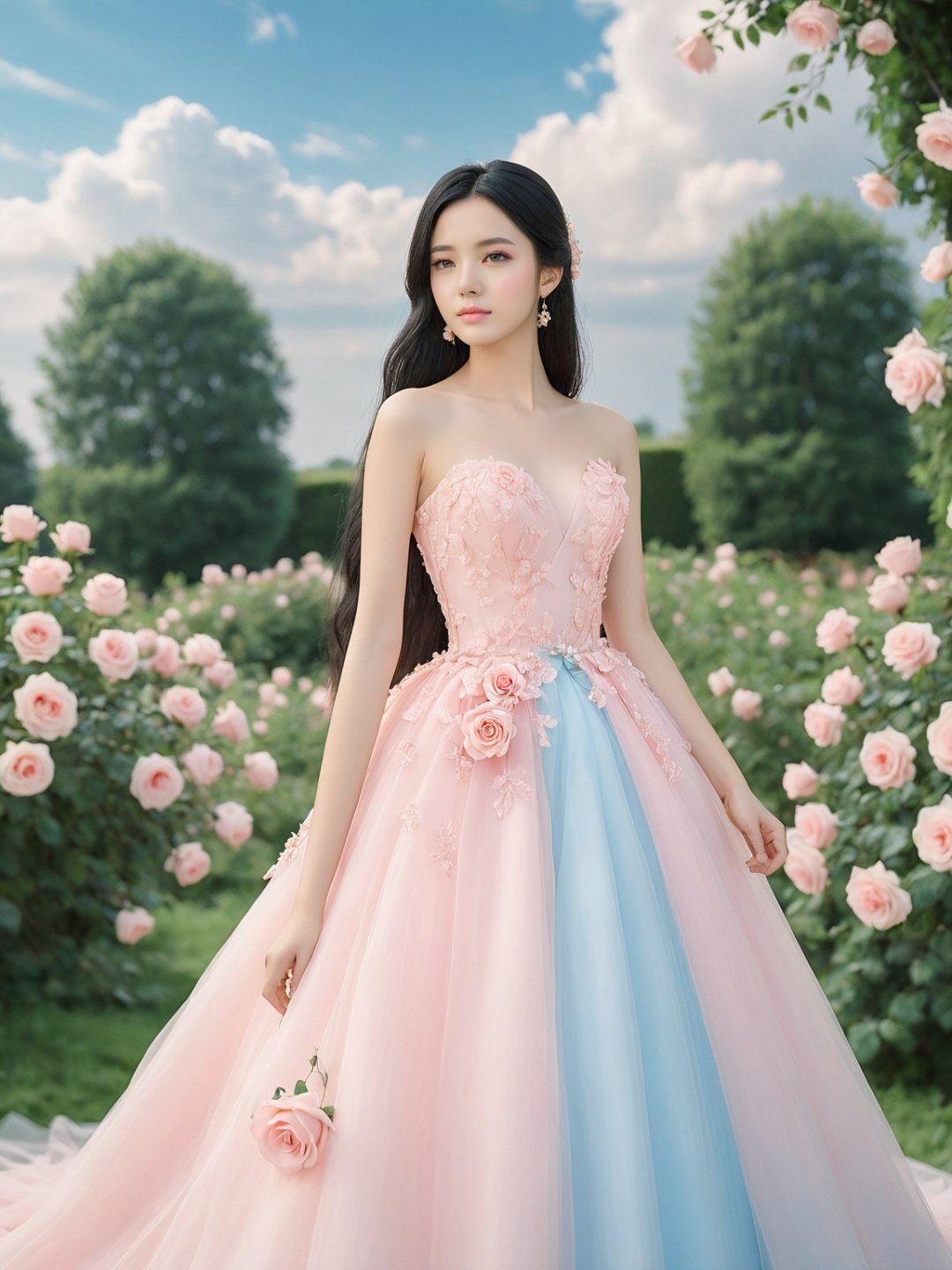  masterpiece,1 girl,22 years old,Look at me,Exquisite makeup,Black hair,Long hair,Pink wedding dress,Outdoor,Light blue sky,Clouds,Garden,Stand,In the middle of the picture,Whole body,Plenty of roses,textured skin,super detail,best quality,,