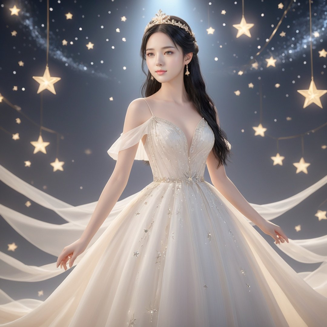 masterpiece, 1girl, Long hair, Black hair, Look at me, cute, lovely, sweet, among stars, long dress, pretty face, dynamic angle, masterpiece, ultra-highres, 8k wallpaper, CG unity, delicate lighting and shadows, delicate details, perfect hands, Diamond Crown, best quality, textured skin, super detail