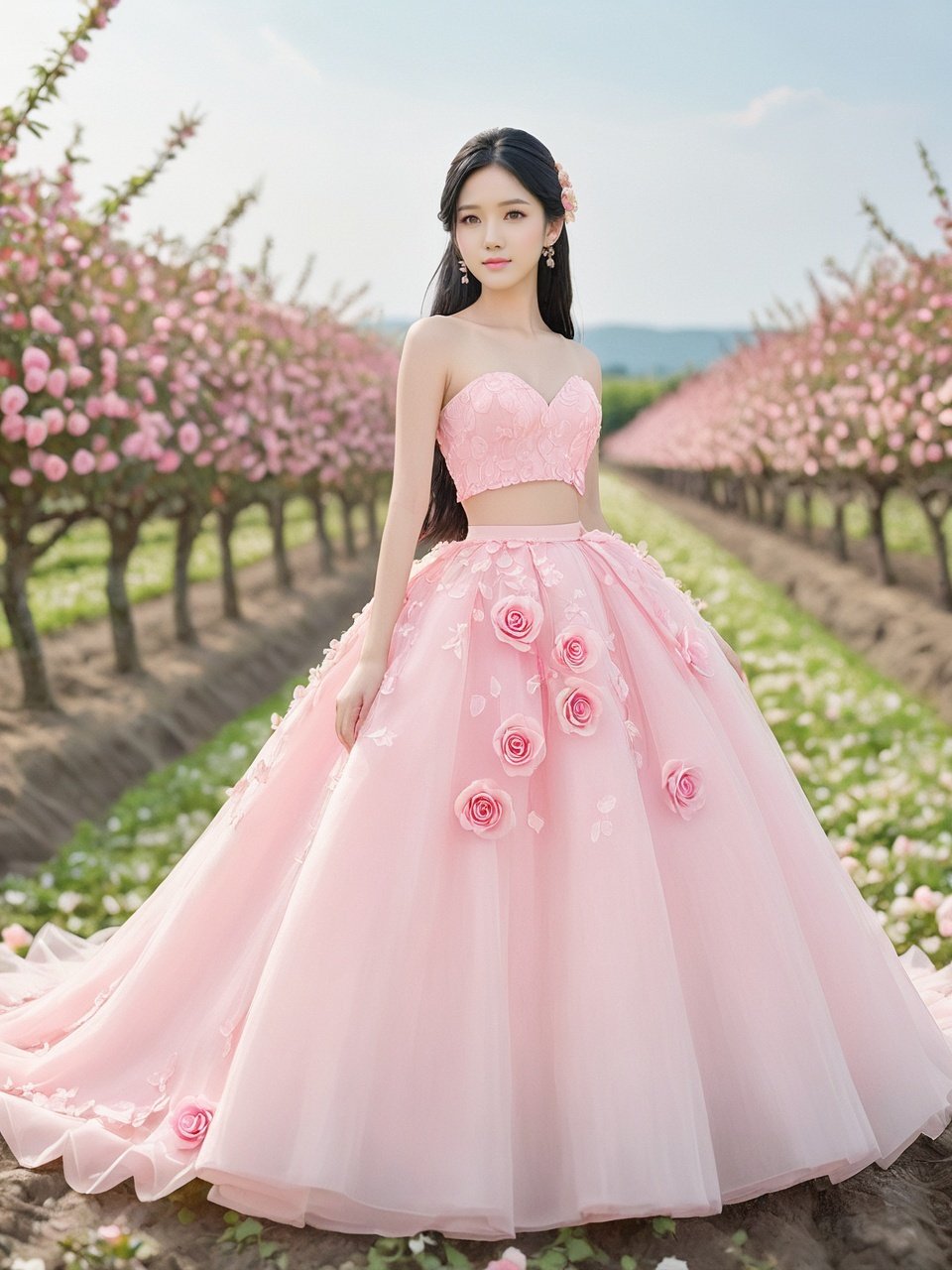  masterpiece,1 girl,cute,sweet,Look at me,Long hair,Black hair,grace,Wedding dress,Whole body,Skirt,A dream scene,Cherry tree,Japan,Flower field,Petal,Pink wedding dress,Roses on the skirt,Rose skirt,textured skin,super detail,best quality,Close-up,,