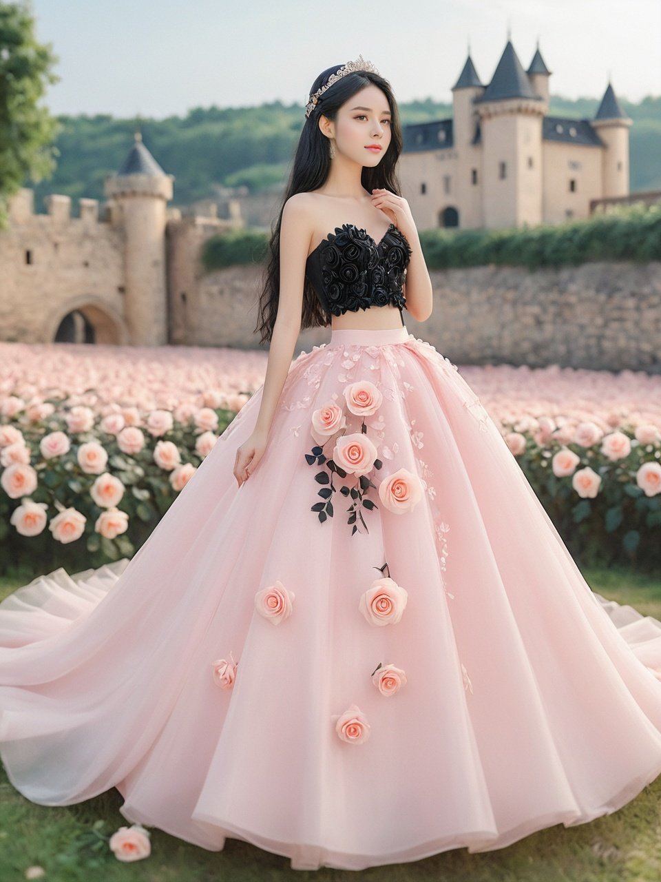  masterpiece,1 girl,cute,sweet,Look at me,Long hair,Black hair,grace,Whole body,Skirt,A dream scene,Castle,Petal,Black wedding dress,Roses on the skirt,Rose skirt,Outdoor,textured skin,super detail,best quality,Close-up,,