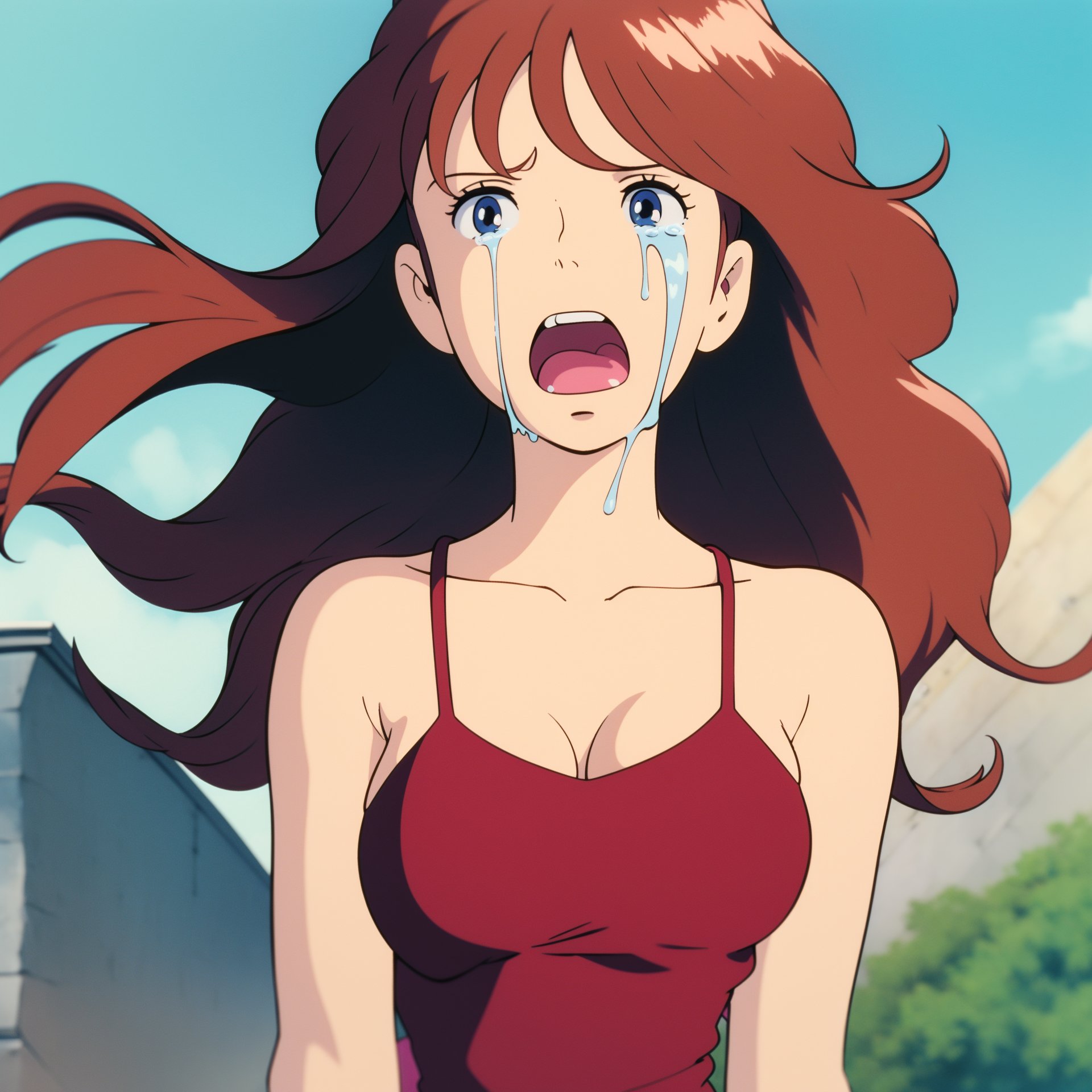 ghibli,1girl, lady, cleavage, camisole,blue sky, wind, long wavy hair, cry, (masterpiece,best quality:1.5)