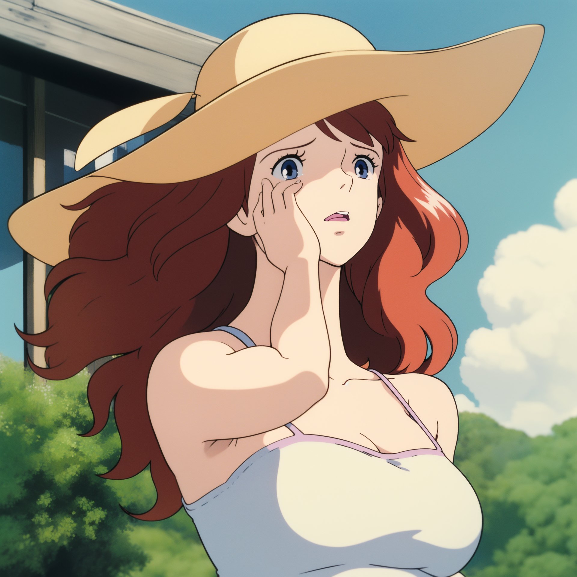 ghibli,1girl, lady, cleavage, camisole,blue sky, wind, long wavy hair, cry, (masterpiece,best quality:1.5)