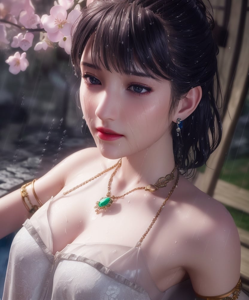 (,1girl, ,best quality, )<lora:DA_洛柔-冰火魔厨:0.8>,, ,ultra realistic 8k cg, flawless,  tamari \(flawless\), professional artwork, famous artwork, cinematic lighting, cinematic bloom, perfect face, beautiful face, fantasy, dreamlike, unreal, science fiction,  luxury, jewelry, diamond, pearl, gem, sapphire, ruby, emerald, intricate detail, delicate pattern, charming, alluring, seductive, erotic, enchanting, hair ornament, necklace, earrings, bracelet, armlet,halo,masterpiece, fantasy, realistic,science fiction,mole, ultra realistic 8k cg, ,tamari \(flawless\),  medium breasts,cherry blossoms,wet clothes,lace, lace trim,   lace-trimmed legwear,(((Best quality, masterpiece, ultra high res, (photorealistic:1.4), raw photo, 1girl, wet clothes, rain, sweat, ,wet, )))   (()), (),