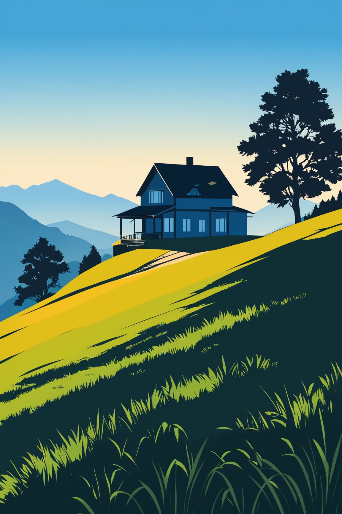 shadow flat vector art, vector illustration, (best quality,4k,8k,highres,masterpiece:1.2),ultra-detailed, minimalism,outdoors,grass,scenery,mountain,day,tree,blue sky,house