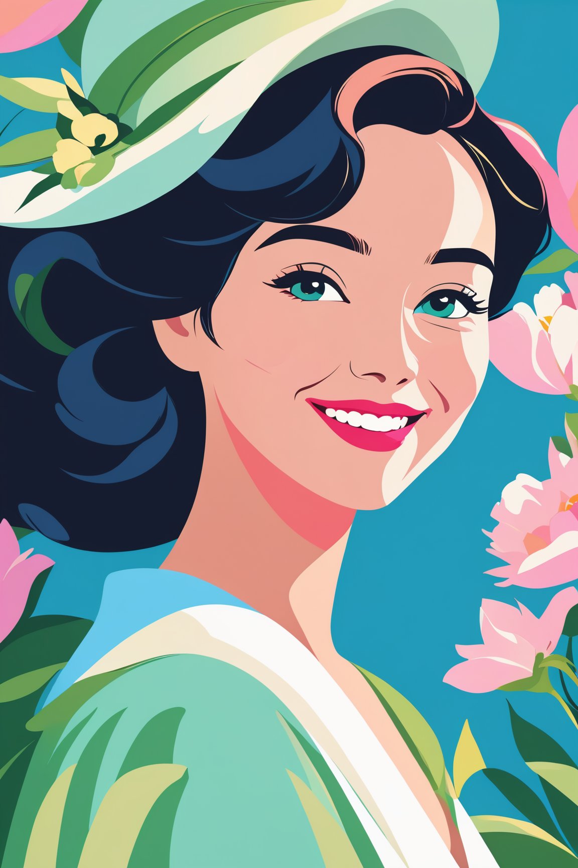 shadow flat vector art, masterpiece, 8k, highest quality, woman wearing qingfashion, portrait, sweet smile, spring flowers, blue green and pink