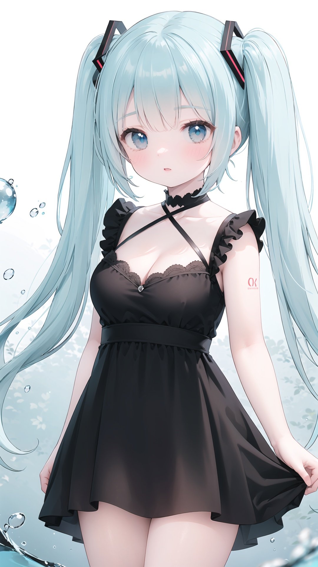 finely detail, Depth of field, (((masterpiece))), ((extremely detailed CG unity 8k wallpaper)), best quality, high resolution illustration, Amazing, highres, intricate detail, best illumination, best shadow, 1girl, solo, hatsune miku, dress, twintails, underwater, long hair, breasts, black dress, looking at viewer, cleavage, bubble, air bubble, medium breasts, very long hair, parted lips, blush, collarbone, blue eyes, blue hair