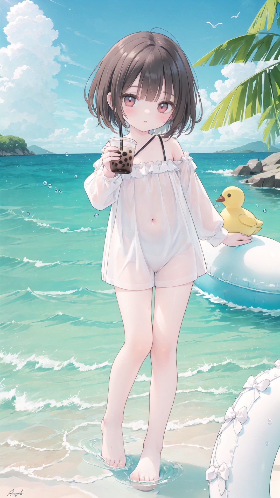 (((full body))), finely detail, Depth of field, (((masterpiece))), ((extremely detailed CG unity 8k wallpaper)), best quality, high resolution illustration, Amazing, intricate detail, (best illumination, best shadow, an extremely delicate and beautiful),
(((1 loli))), (((5 years old))), ((little girl)), flat_chest, water, manjuu_\(azur_lane\), ocean, chick, rubber_duck, horizon, innertube, , bird, drinking_straw, pool, waves, feet, splashing, beach, cup, afloat, barefoot, poolside, cloud, day, disposable_cup, wet, long_hair, boat, shirt, drinking, brown_hair, sky, ahoge, bubble_tea, animal, seagull, soaking_feet, red_eyes, ripples, caustics, bubble_tea_challenge, outdoors, blue_sky, in_water, wet_clothes, partially_underwater_shot, signature, white_shirt, cleavage