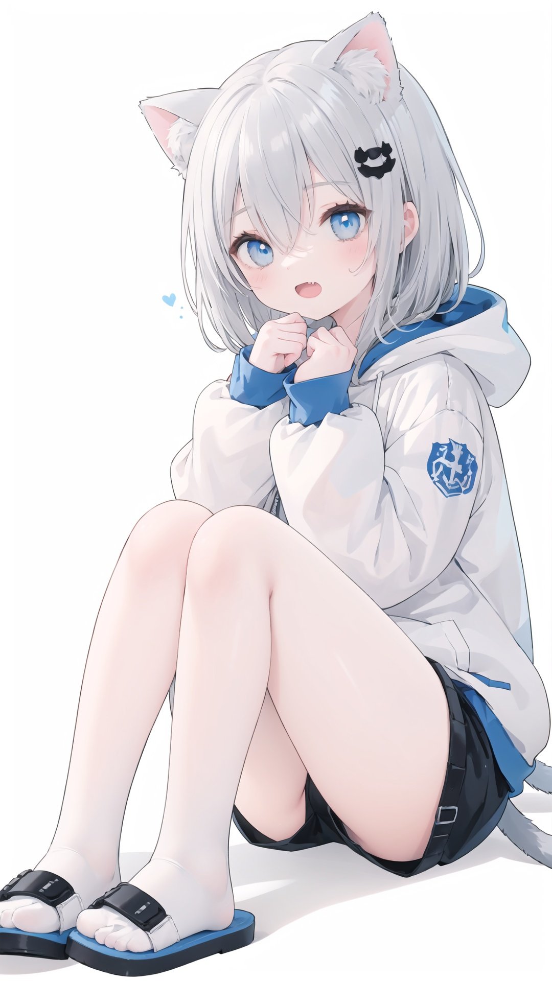 solo, 1girl, grey hair, cat ears, cat tail, animal ears, sleeves past wrists, long sleeves, white jacket, tail, blue eyes, shorts, bangs, cat girl, white background, hair ornament, hood, long hair, jacket, puffy sleeves, looking at viewer, slippers, short shorts, black shorts, hands up, open mouth, hood down, hair between eyes, puffy long sleeves, fang, grey background, barefoot, simple background, knees up, hooded jacket, very long hair