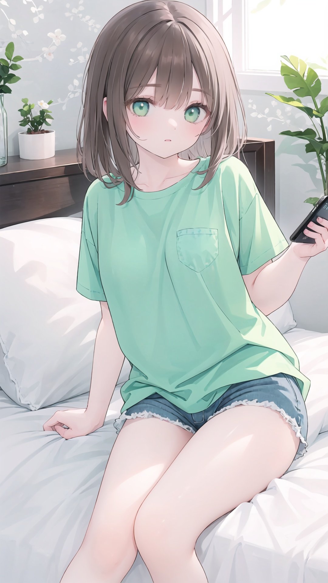 inely detail, Depth of field, (((masterpiece))), ((extremely detailed CG unity 8k wallpaper)), best quality, high resolution illustration, Amazing, highres, intricate detail, best illumination, best shadow, 1girl, cellphone, solo, pillow, brown hair, phone, bed sheet, shirt, green eyes, smartphone, blue shirt, long hair, pajamas, on bed, indoors, frills, window, short sleeves, sunlight, shorts, bed