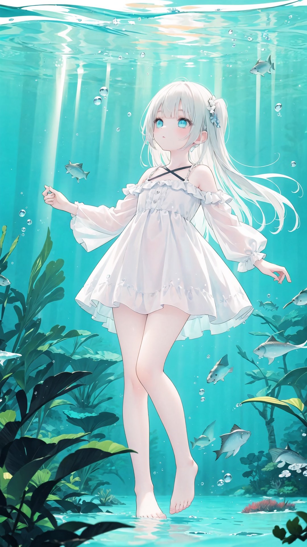  
parameters

wide shot,(solo:1.3),dramatic angle,(underwater:1.2),masterpiece,best quality,intricate detail,1girl,swimming,loli,(long hair:1.2),solo,expressionless,blue eyes,looking_up,shoulder strap dress,floating hair,floating clothes,god rays,bubble,barefoot,(full body:1.2),outstretched arm,