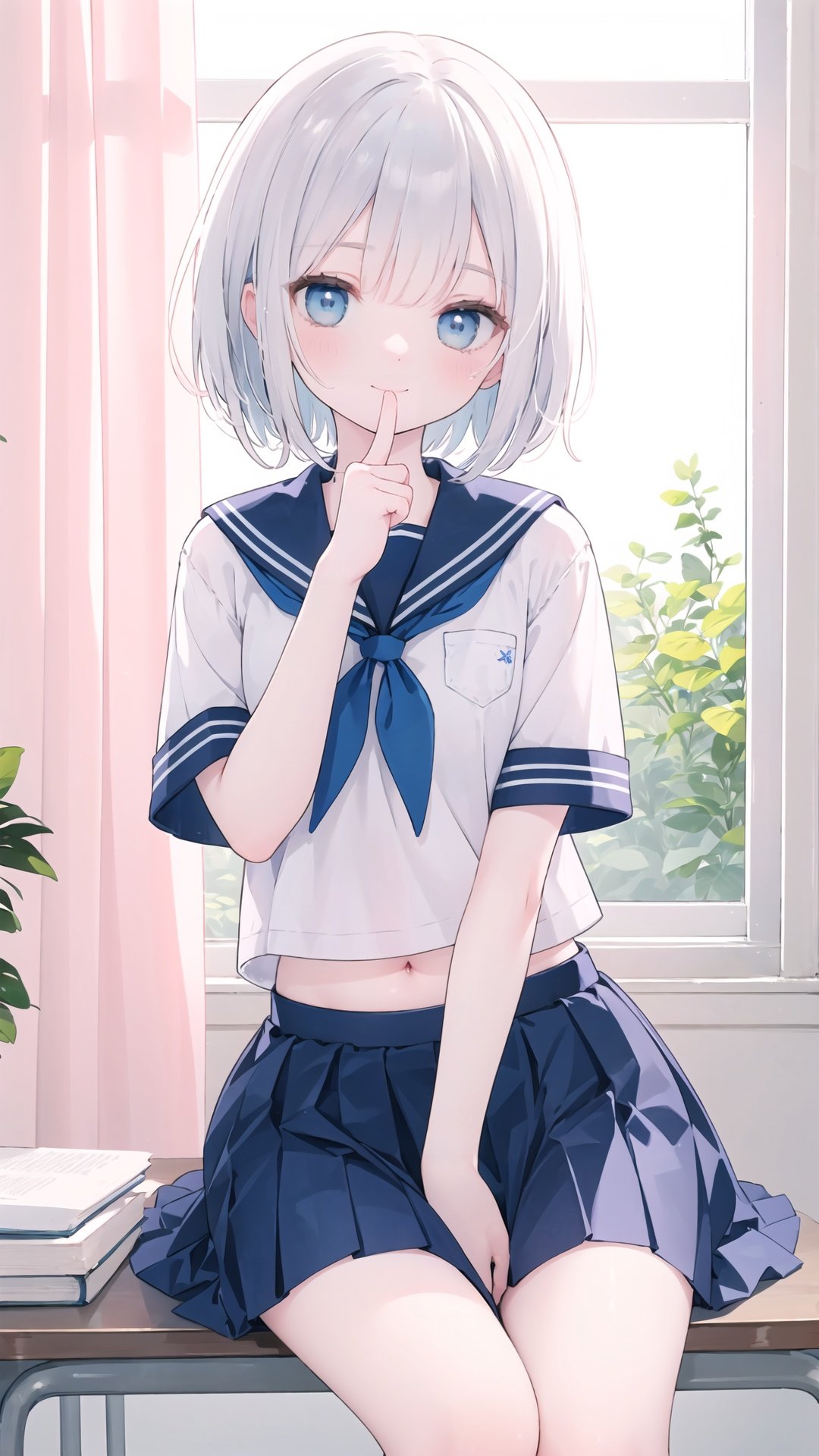 finely detail, Depth of field, (((masterpiece))), ((extremely detailed CG unity 8k wallpaper)), best quality, high resolution illustration, Amazing, highres, intricate detail, best illumination, best shadow, 1girl, solo, curtains, curtain grab, long hair, school uniform, skirt, window, serafuku, looking at viewer, smile, blue eyes, pleated skirt, blush, sitting, short sleeves, white shirt, shirt, indoors, sailor collar, socks, blue skirt, midriff peek, bangs, kneehighs, index finger raised, black socks, finger to mouth