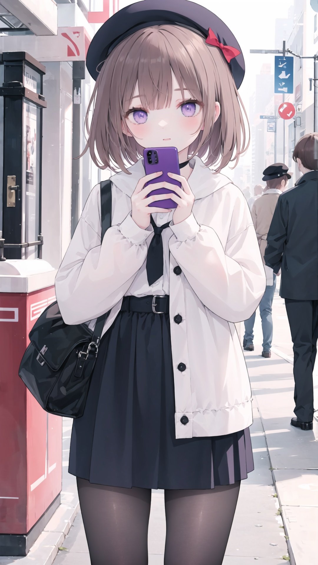 phone,cellphone,1girl,smartphone,holding_phone,hat,blurry,pantyhose,depth_of_field,holding,beret,solo,long_hair,red_headwear,brown_hair,bow,blurry_background,purple_eyes,black_legwear,