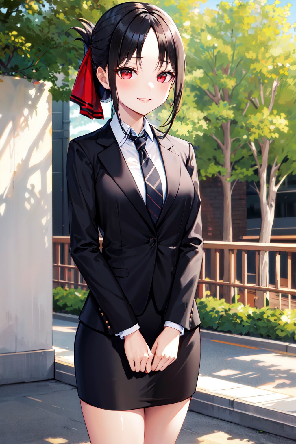 masterpiece, best quality, highres, aakaguya, short hair, folded ponytail, hair ribbon, parted bangs, <lora:shinomiya_kaguya_v1:0.7>, office lady, black suit, black jacket, necktie, black skirt, cowboy shot, standing, outdoors, smile