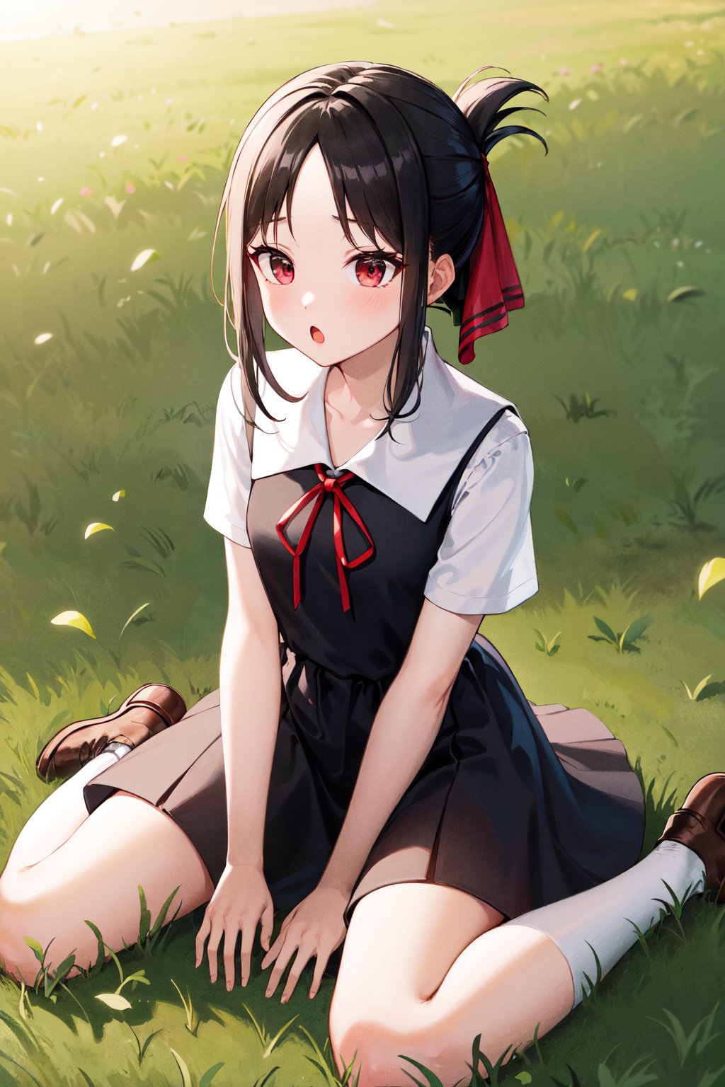 masterpiece, best quality, highres, bbkaguya, short hair, folded ponytail, hair ribbon, parted bangs, neck ribbon, red ribbon, pinafore dress, white shirt, short sleeves, <lora:shinomiya_kaguya_v1:0.7>, grass, :o, wariza, field, socks, loafers, 