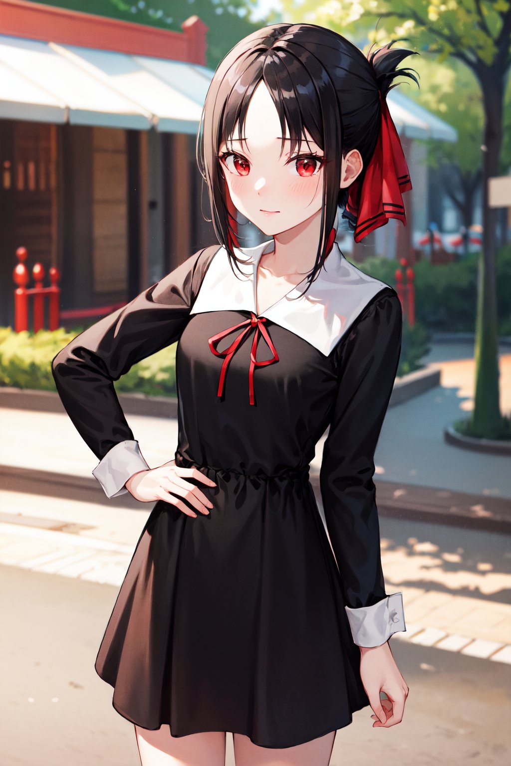 masterpiece, best quality, highres, aakaguya, short hair, folded ponytail, hair ribbon, parted bangs, neck ribbon, red ribbon, black dress, black shirt, long sleeves, black sleeves, <lora:shinomiya_kaguya_v1:0.7>, hand on hip, amusement park, standing, cowboy shot, looking at viewer,