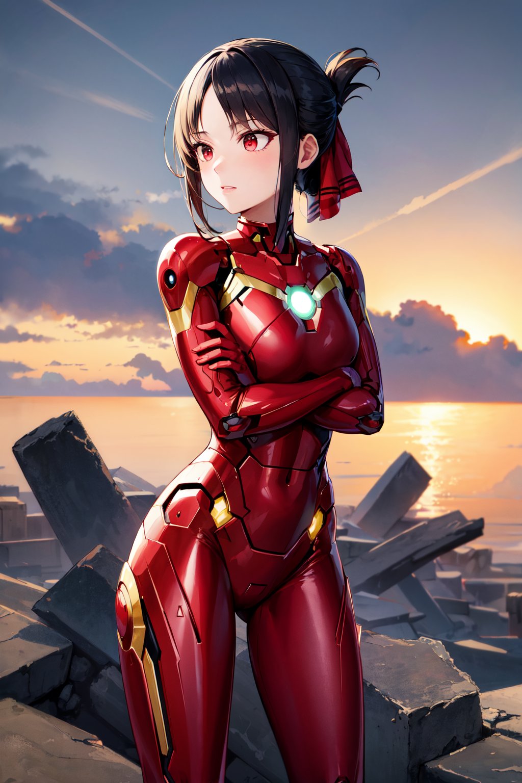 masterpiece, best quality, highres, aakaguya, short hair, folded ponytail, hair ribbon, parted bangs, <lora:shinomiya_kaguya_v1:0.7>, bodysuit, iron man, crossed arms, standing, ruins