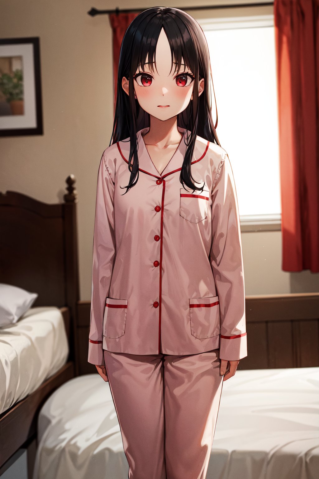 masterpiece, best quality, highres, aakaguya, long hair, parted bangs, <lora:shinomiya_kaguya_v1:0.7>, standing, pajamas, room, 