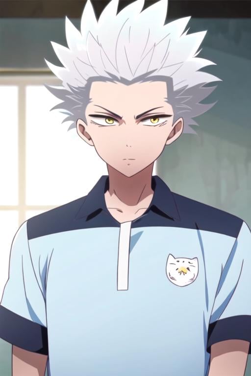 masterpiece, best quality, , 1boy, solo, male focus, looking at viewer, , depth of field, , , <lora:wolf_blood_lad:0.82>, wolf_blood_lad, white hair, yellow eyes, spiked hair