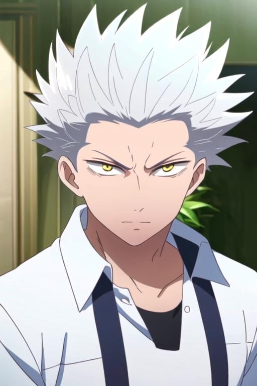 masterpiece, best quality, , 1boy, solo, male focus, looking at viewer, upper body, , , realistic, <lora:wolf_blood_lad:0.68>, wolf_blood_lad, white hair, yellow eyes, spiked hair