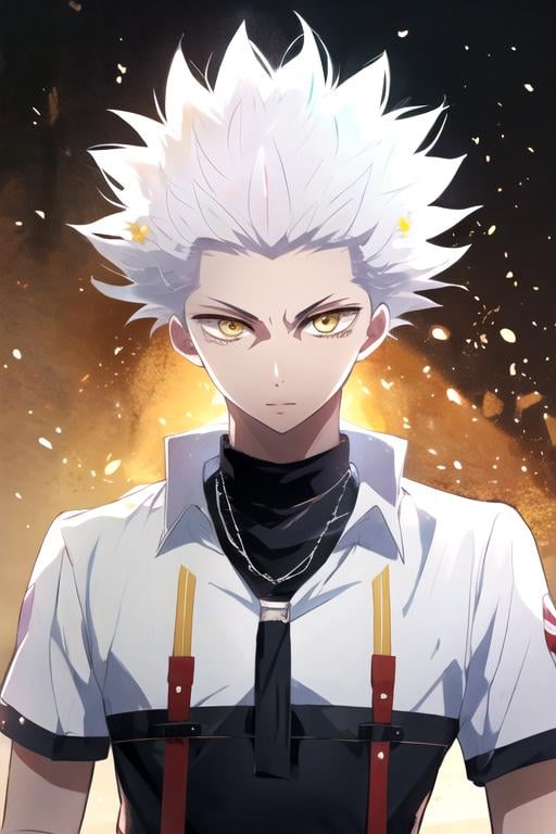 masterpiece, best quality, photorealistic, 1boy, solo, male focus, looking at viewer, , , ligne claire, realistic, <lora:wolf_blood_lad:0.74>, wolf_blood_lad, white hair, yellow eyes, spiked hair, , ,