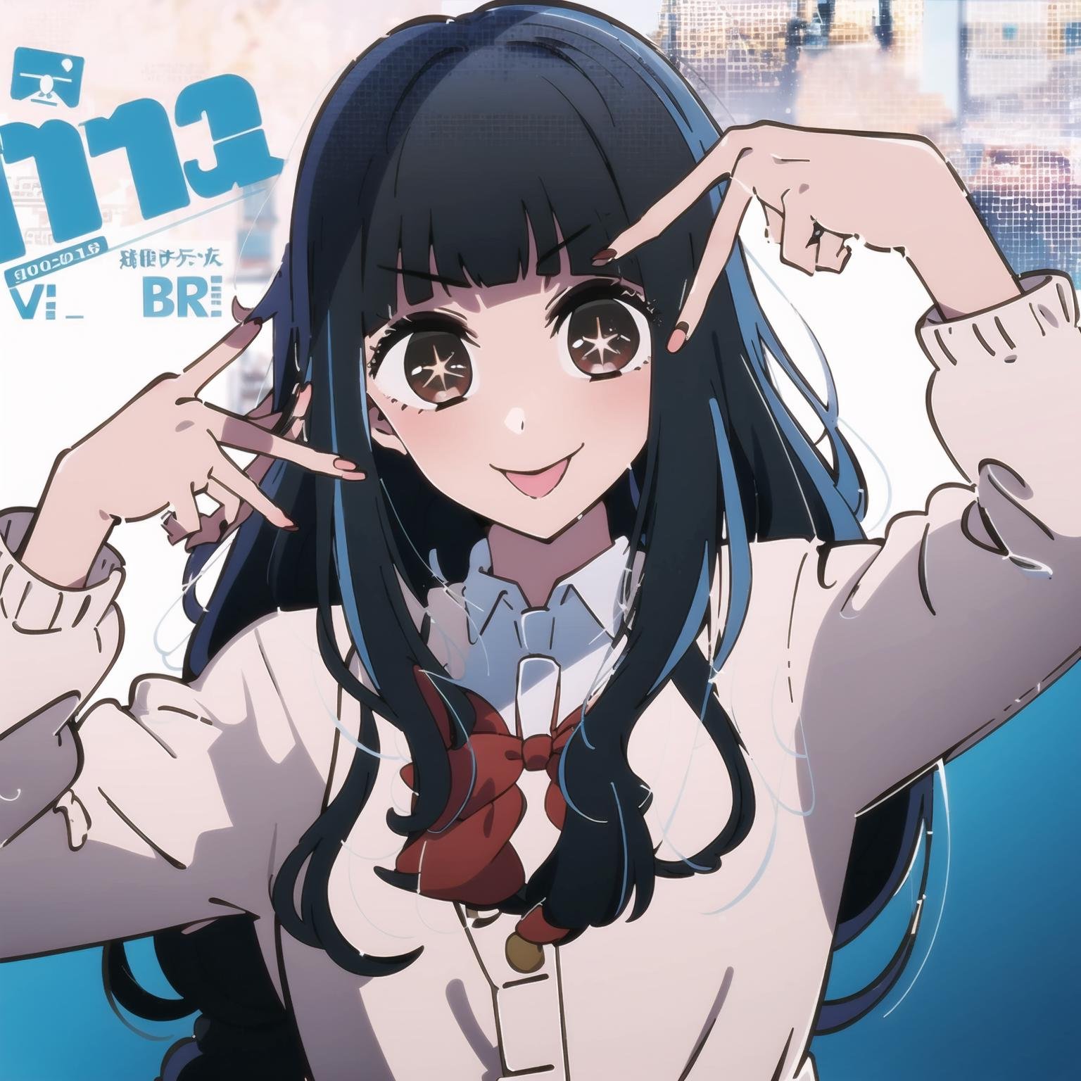 ai's pose, 1girl, solo, :p, v,1girl, solo, long hair, black hair, bangs,( brown eyes:1.4), blue hair, blunt bangs, school uniform,<lora:sumiyuki_100_512,640,768:0.7> <lora:hoshinoai_768-000004:0.5>