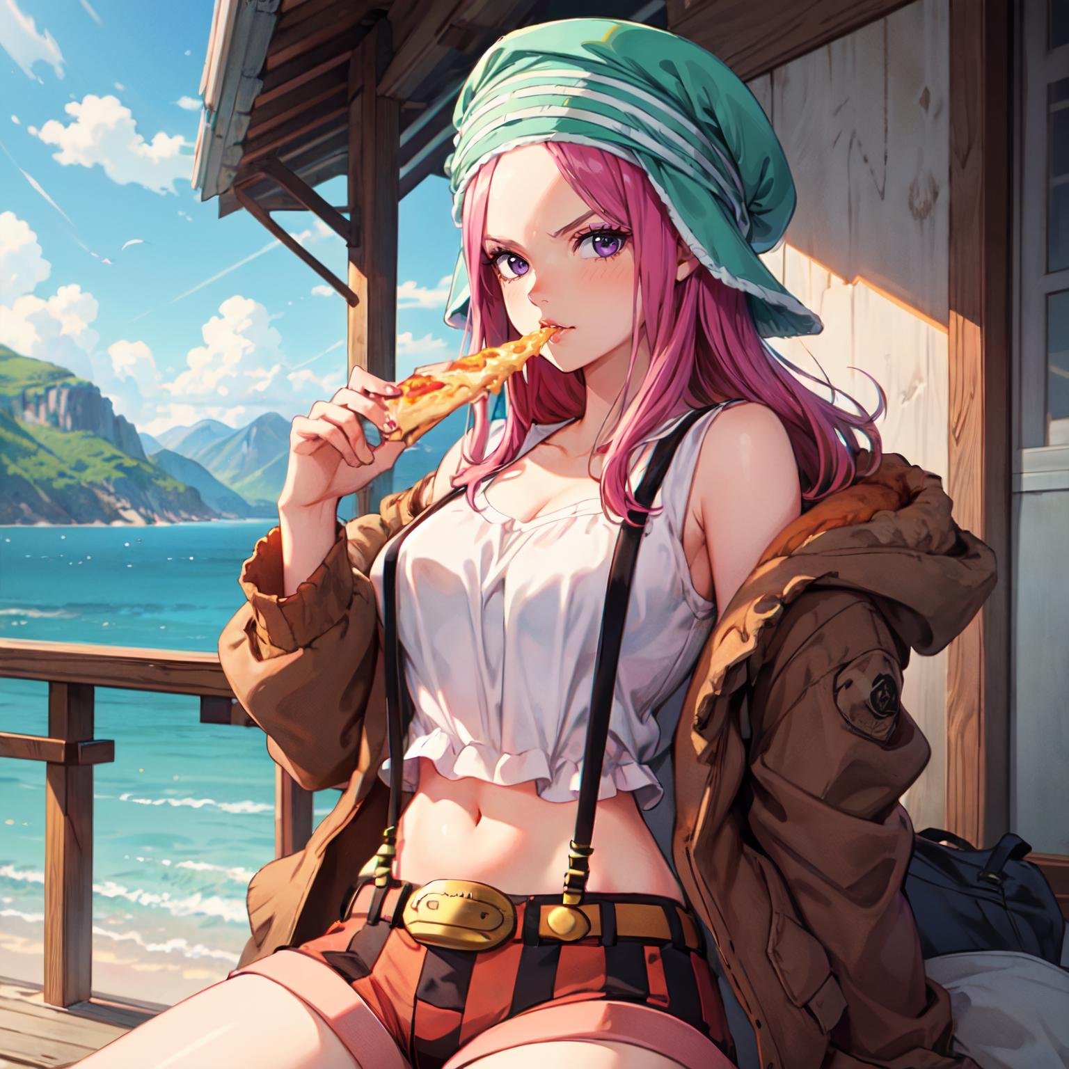 masterpiece, best quality, <lora:Bonney-000038:1>, bny1, 1girl, solo, purple eyes, pink hair, long hair, green headwear, vertical striped shorts, suspenders, white tank top, open jacket, belt, makeup, eating, holding pizza, midriff, outdoors, scenery