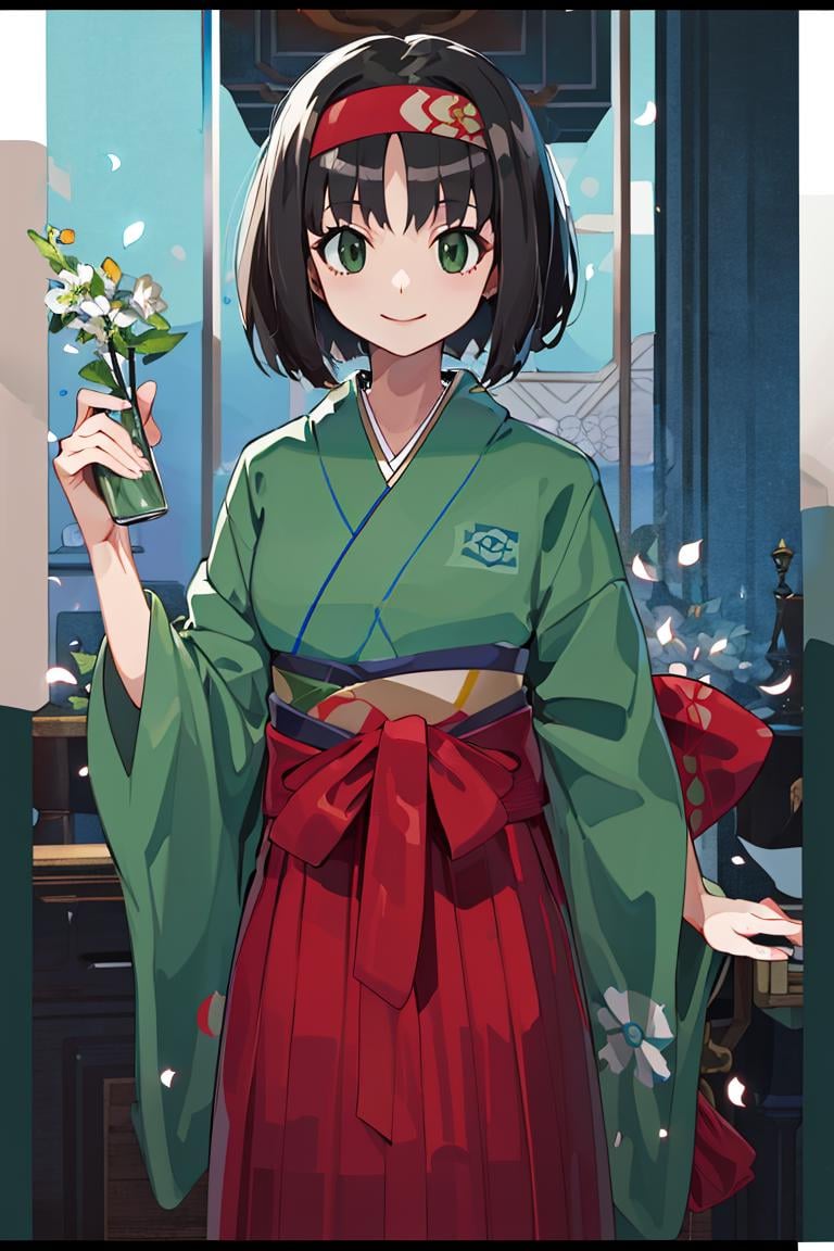 <lora:Harada_Takehito_Background_Dim32:0.6>,((masterpiece,best quality)), absurdres, <lora:Erika_Pokemon_Anime_Dim32:0.8>, Erika_Pokemon, green eyes, short black hair, kimono, hakama, red hairband, solo, smiling, looking at viewer, cowboy shot,  cinematic composition, 