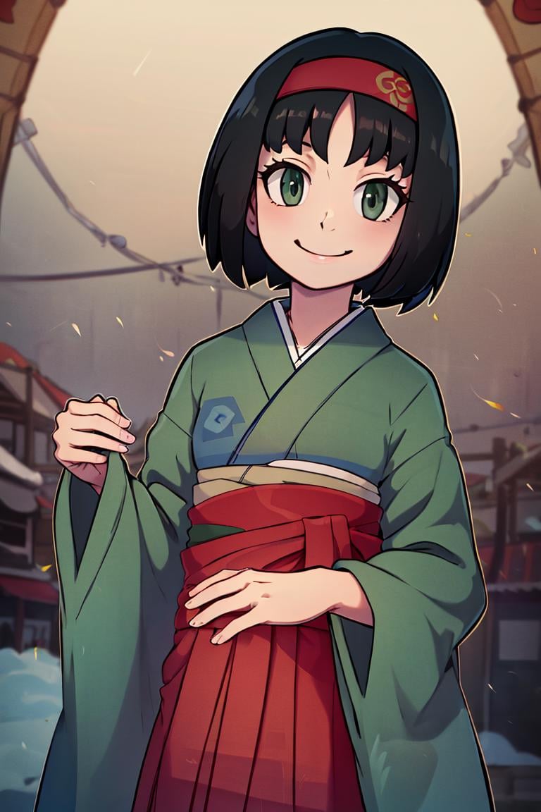 <lora:the_other_half_style:0.8>,((masterpiece,best quality)), absurdres, <lora:Erika_Pokemon_Anime_Dim32:0.8>, Erika_Pokemon, green eyes, short black hair, kimono, hakama, red hairband, solo, smiling, looking at viewer, cowboy shot,  cinematic composition, 