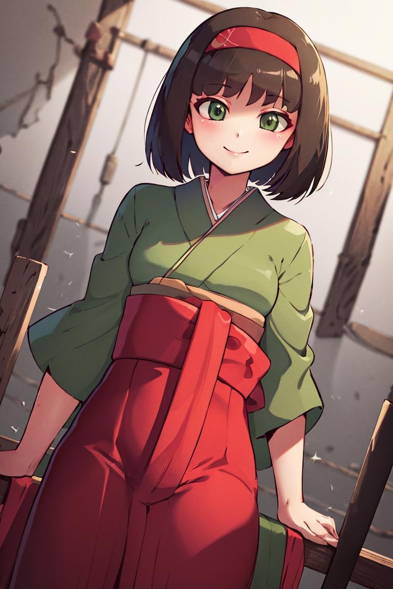 <lora:Diives_Style:0.8>,((masterpiece,best quality)), absurdres, <lora:Erika_Pokemon_Anime_Dim32:0.8>, Erika_Pokemon, green eyes, short black hair, kimono, hakama, red hairband, solo, smiling, looking at viewer, cowboy shot,  cinematic composition, 