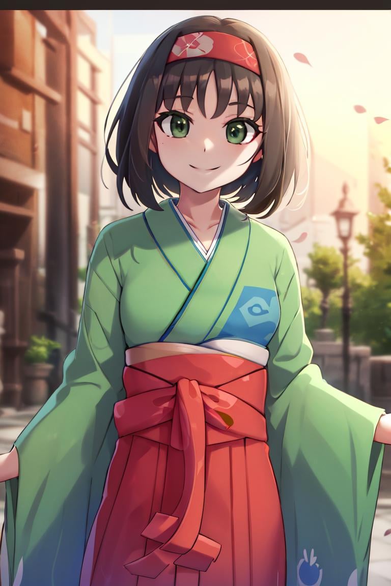 <lora:twistedscarlett60_style:0.8>,((masterpiece,best quality)), absurdres, <lora:Erika_Pokemon_Anime_Dim32:0.8>, Erika_Pokemon, green eyes, short black hair, kimono, hakama, red hairband, solo, smiling, looking at viewer, cowboy shot,  cinematic composition, 