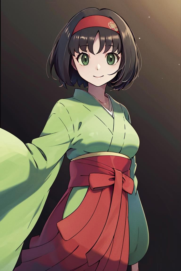 <lora:Sugimori_Ken_Style_v2:0.8>,((masterpiece,best quality)), absurdres, <lora:Erika_Pokemon_Anime_Dim32:0.8>, Erika_Pokemon, green eyes, short black hair, kimono, hakama, red hairband, solo, smiling, looking at viewer, cowboy shot,  cinematic composition, 