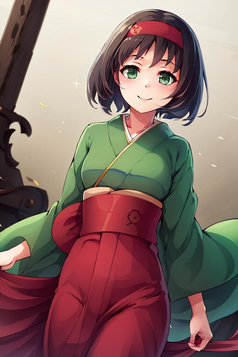 <lora:ricegnat_style:0.8>,((masterpiece,best quality)), absurdres, <lora:Erika_Pokemon_Anime_Dim32:0.8>, Erika_Pokemon, green eyes, short black hair, kimono, hakama, red hairband, solo, smiling, looking at viewer, cowboy shot,  cinematic composition, 