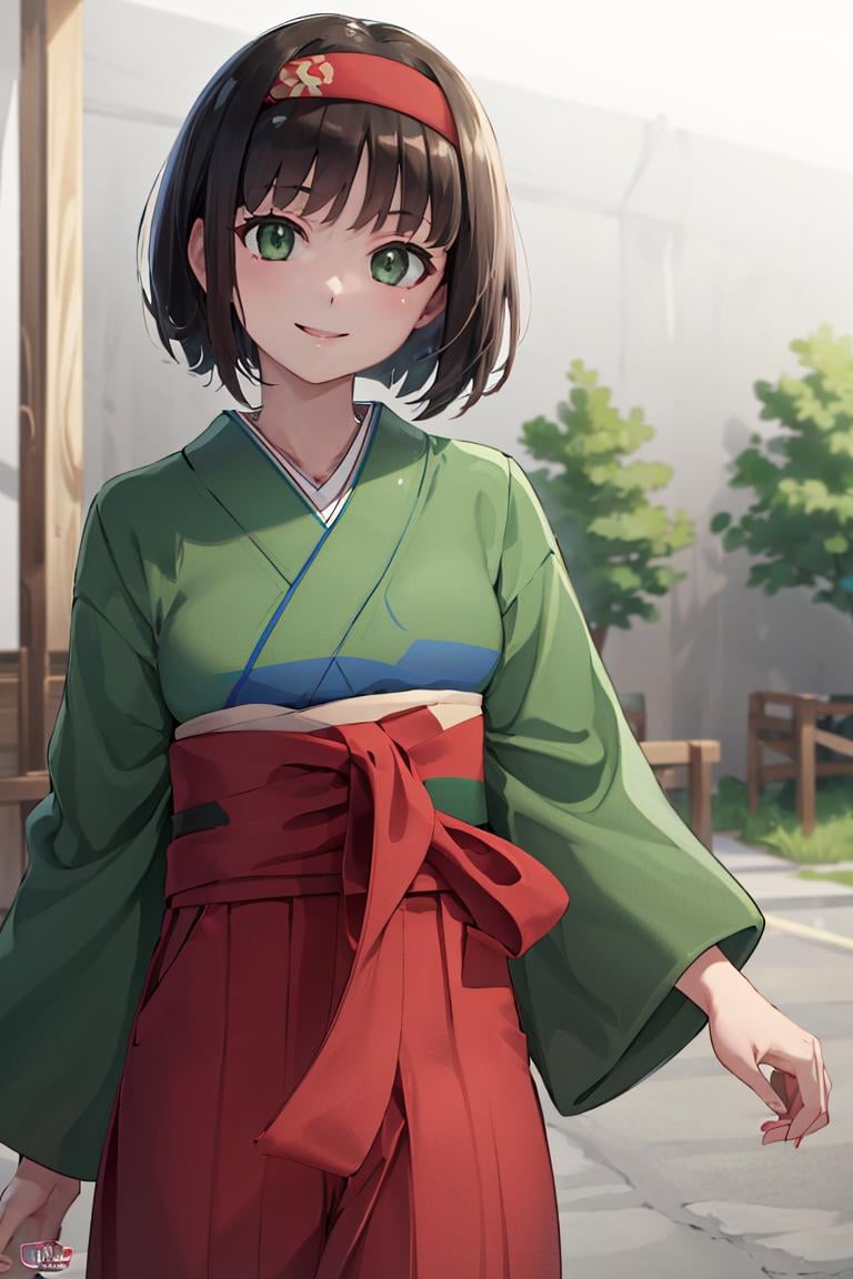 <lora:Sameyama_Jiro_Style_Dim32 :0.8>,((masterpiece,best quality)), absurdres, <lora:Erika_Pokemon_Anime_Dim32:0.8>, Erika_Pokemon, green eyes, short black hair, kimono, hakama, red hairband, solo, smiling, looking at viewer, cowboy shot,  cinematic composition, 