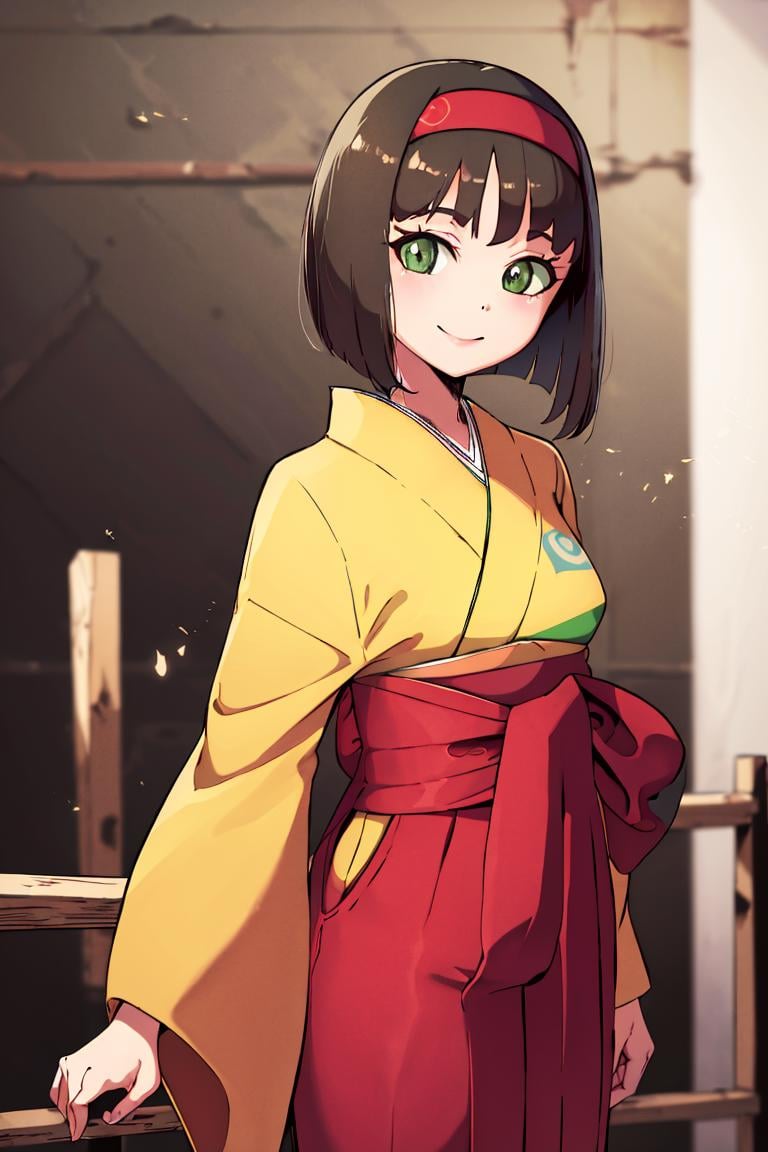 <lora:Diives_Style:0.8>,((masterpiece,best quality)), absurdres, <lora:Erika_Pokemon_Anime_Dim32:0.8>, Erika_Pokemon, green eyes, short black hair, kimono, hakama, red hairband, solo, smiling, looking at viewer, cowboy shot,  cinematic composition, 