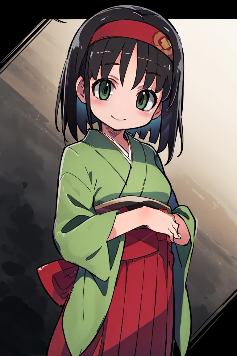 <lora:Zankuro_AnyLora_Dim32:0.8>,((masterpiece,best quality)), absurdres, <lora:Erika_Pokemon_Anime_Dim32:0.8>, Erika_Pokemon, green eyes, short black hair, kimono, hakama, red hairband, solo, smiling, looking at viewer, cowboy shot,  cinematic composition, 