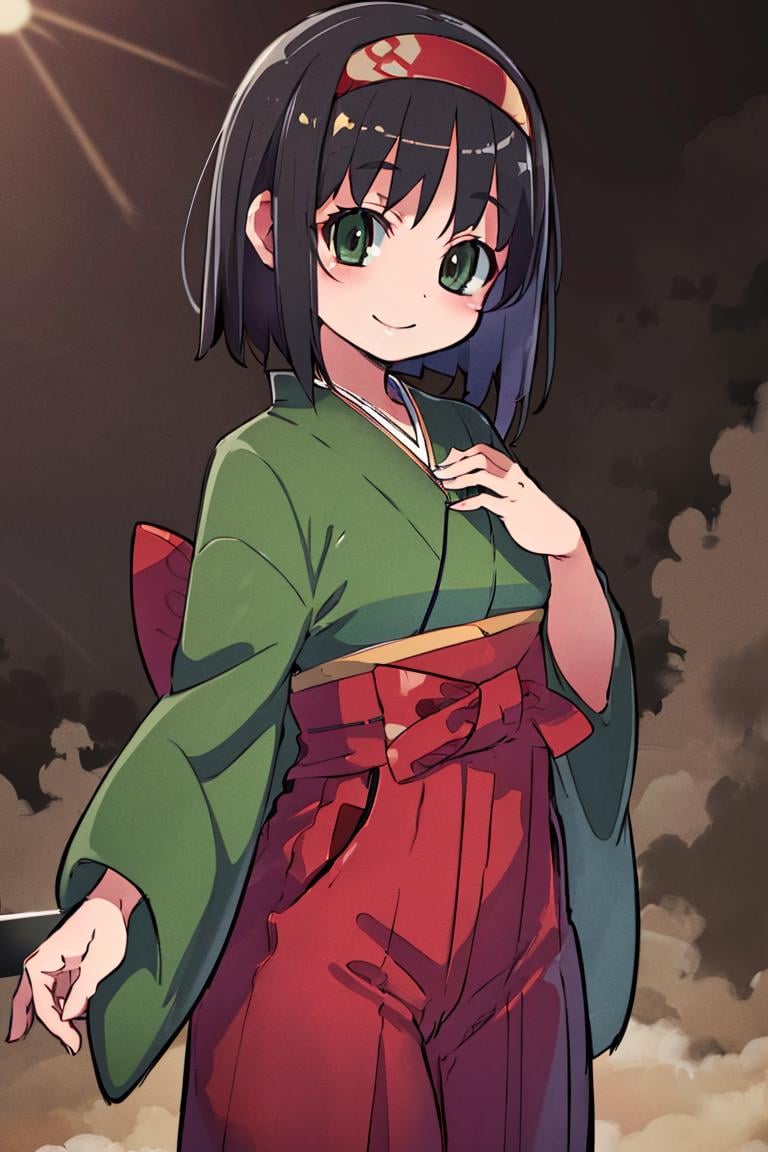 <lora:Zankuro_AnyLora_Dim32:0.8>,((masterpiece,best quality)), absurdres, <lora:Erika_Pokemon_Anime_Dim32:0.8>, Erika_Pokemon, green eyes, short black hair, kimono, hakama, red hairband, solo, smiling, looking at viewer, cowboy shot,  cinematic composition, 