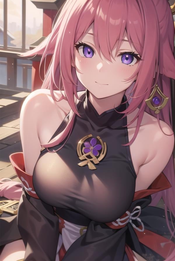 yaemiko, <lyco:yaemiko-lyco-nochekaiser:1>,yae miko, floppy ears, hair between eyes, long hair, pink hair, (purple eyes:1.1), pink hair,BREAK bare shoulders, detached sleeves, earrings, hair ornament, high heels, japanese clothes, long sleeves, sideboob, thigh strap, thighs, wide sleeves,BREAK looking at viewer,BREAK outdoors, shrineBREAK <lora:GoodHands-vanilla:1>, (masterpiece:1.2), best quality, high resolution, unity 8k wallpaper, (illustration:0.8), (beautiful detailed eyes:1.6), extremely detailed face, perfect lighting, extremely detailed CG, (perfect hands, perfect anatomy),