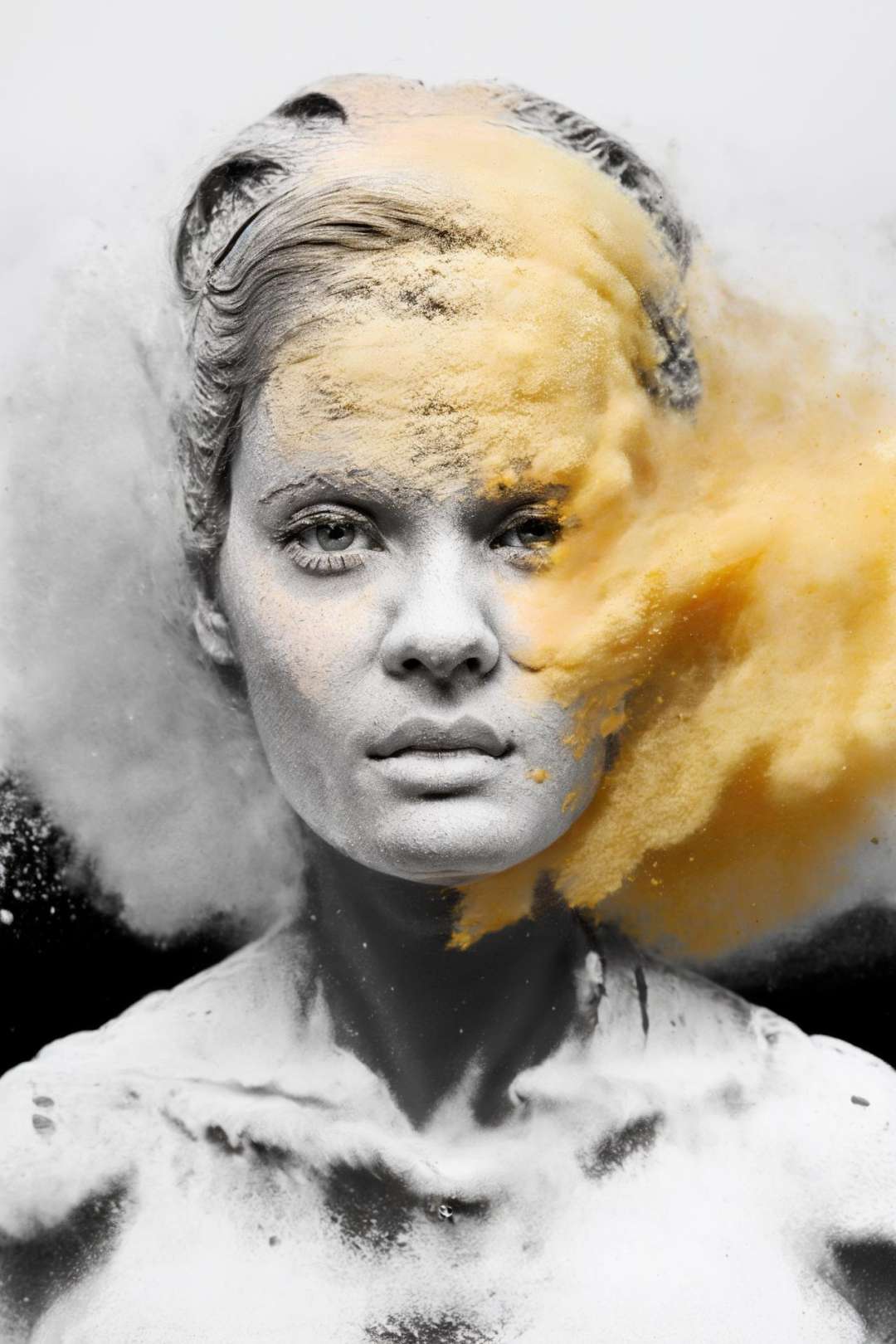 (blonde powder:1.2),closeup,(looking at viewer:1.1),toned,fine art nude,i'm a fuckscout from dimension p.,concept illustration,loose brushwork,(monochrome:1.6),futuristic bold kinky female,pouty lips,white very short hair,black background,<lora:powder:1>,