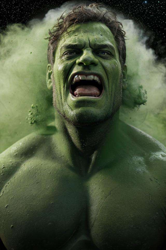 (green powder),hulk \(marvel\),very angry expressions,(closeup:1.2),kubrick_stare,hefty man,frown,screaming,brooding and intense,on moon,universe,sci-fi,<lora:powder_v1.0:0.9>,