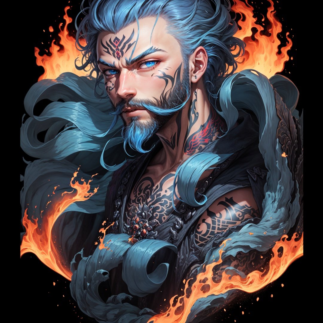 Tattoo,  1boy beard black background blue eyes fire blue hair curly hair facial hair fire glowing gray hair hitodama looki...