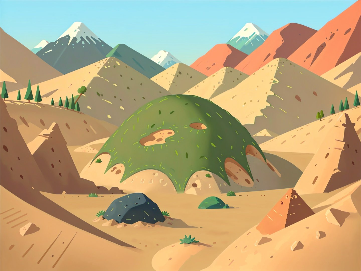 Desert landscape,natural landscape,aqichahua,illustration,flat color,Flat style,(Masterpiece),(best quality),<lora:Landscape illustration:0.8>,landscape,stone,plant,