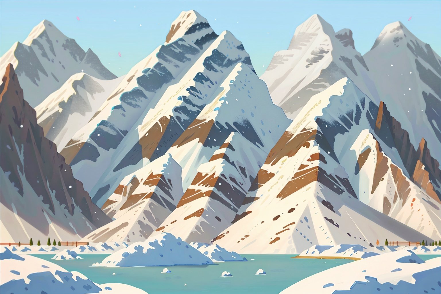 Winter,snowflakes all over the sky,white snow on the mountains,white clouds,mountains,sky,rivers,grasslands,aqichahua,illustration,flat color,Flat style,(Masterpiece),(best quality),<lora:Landscape illustration:0.7>,gradient,