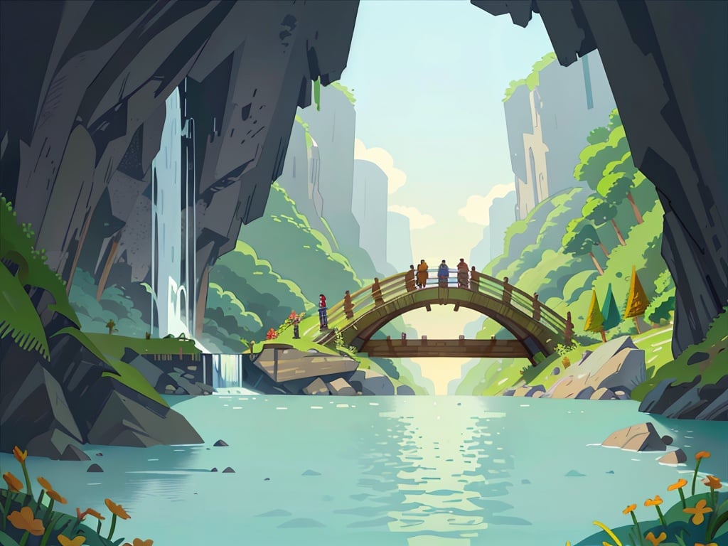 a bridge over a river in a cave like area with a waterfall,style_tombraider,aqichahua,illustration,flat color,Flat style,Masterpiece,best quality,landscape,plan,<lora:aqichahua_v3-000006:0.8>,day,sunny enough,waterfall of flowing water,溅起的水花,, Masterpiece, high-quality,