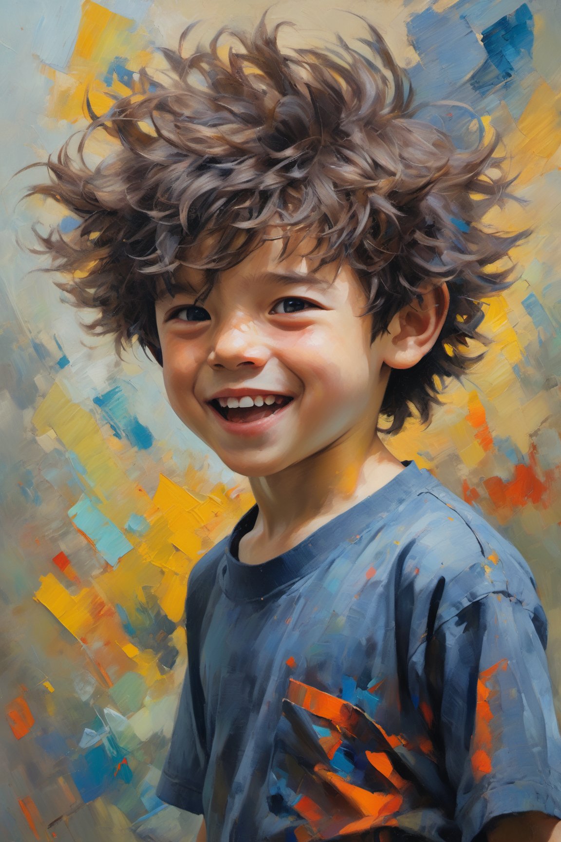 oil painting,boy,lively brushstrokes,expressive face,vibrant colors,dynamic composition,playful atmosphere,happy expression,natural lighting,texture details,dimensions,medium-sized canvas,detailed hair,artistic style,life-like portrayal,authentic emotions,emerging talent,enjoying the process